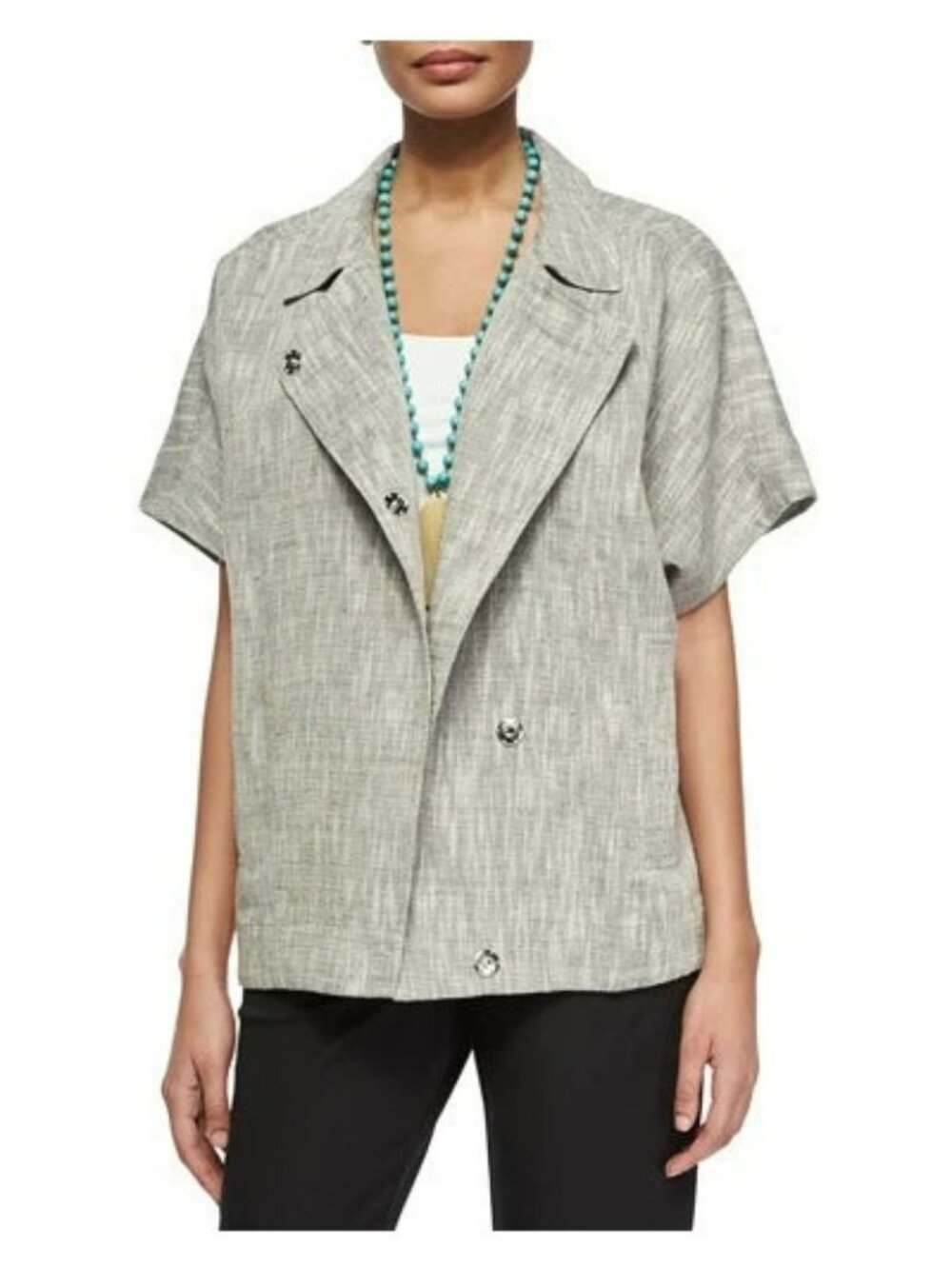 Eileen Fisher Gray Short Sleeve Lagenlook Jacket Cotton Linen Blend Artsy